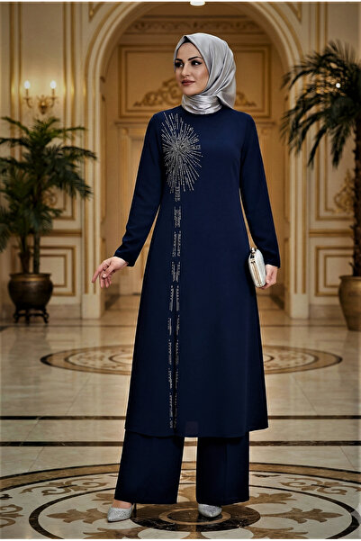 modamira Kadın Lacivert Pamuk Viskon Abiye Tarz Özel Davet Taş Detaylı Tesett...