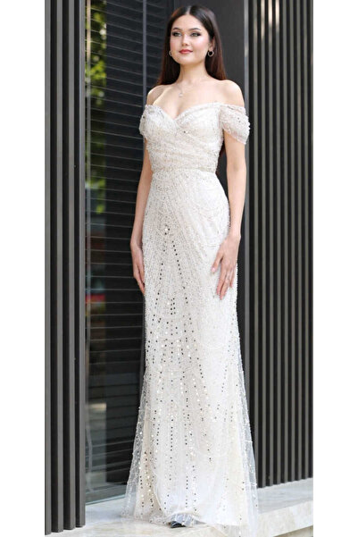 Abiyeniall Ekru Sırt Dekolteli Düz Kesim Pullu Boncuklu Uzun Abiye Elbise 11044