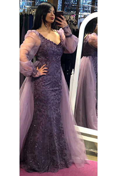 Abiyeniall Lavanta Uzun Kollu Balık Etekli Dantel Uzun Abiye Elbise 7279