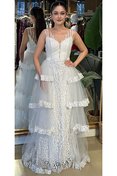 Abiyeniall Beyaz Dantel Detaylı Kloş Etekli Simli Kumaş Uzun Abiye Elbise 7225