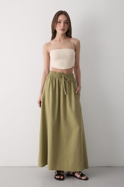 JASTE Kadın Beli Lastikli Çift Cepli Keten Etek