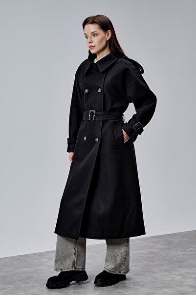 Bolivente Kuşaklı Oversize Kaşe Kaban