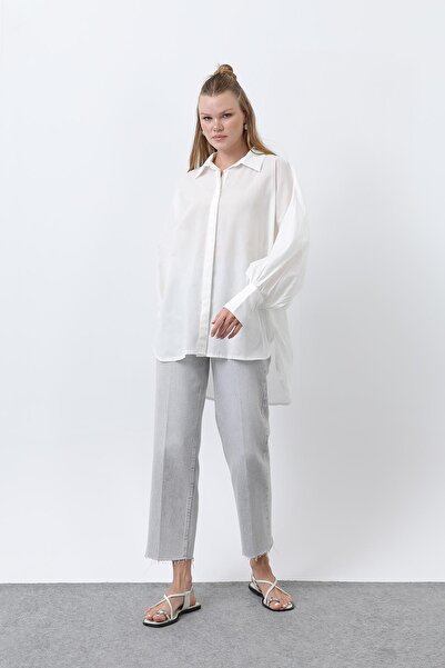 Loreen Women's Flounced Oversized Cotton Poplin Shirt-20665Gml - Ecru