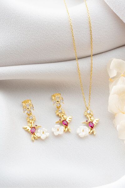 Silvano Jewelry 925 Ayar Gümüş Sedefli Arı Kuşu Kolye Küpe Seti