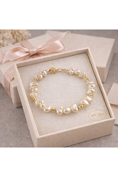 Aychra سوار نسائي من اللؤلؤ الباروكي باللون الأصفر الذهبي - تصميم أنيق وعصري |