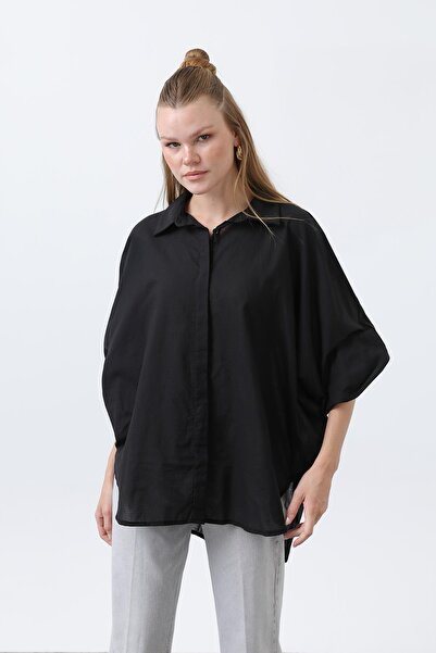 Loreen Women's Flounced Oversized Cotton Poplin Shirt-20665Gml - Black