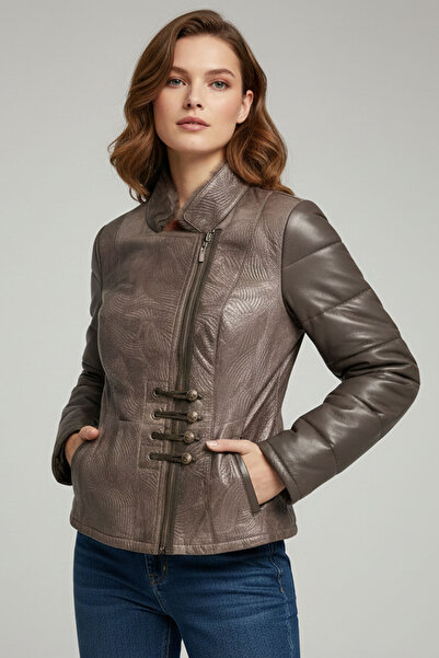 Deriderim Gri Skylar Fermuarlı Astarsız Kolları Hakiki Deri Bedeni Hakiki Kuz...