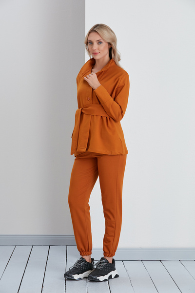 nurneva سترة نسائية بحزام خصر ونسيج من خيطين، تصميم عادي، لون بني تبغ