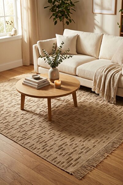 Cool Halı Rustika Bej Jüt Kilim Halı Hasır Görünüm Bohem Dekoratif Kabartmalı...