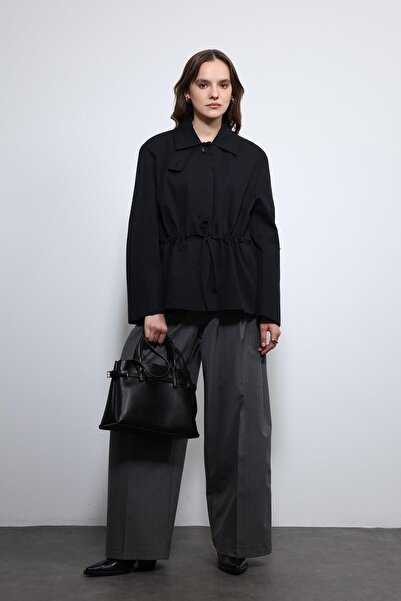 Antioch Black Short Trench Coat with Adjustable Waist