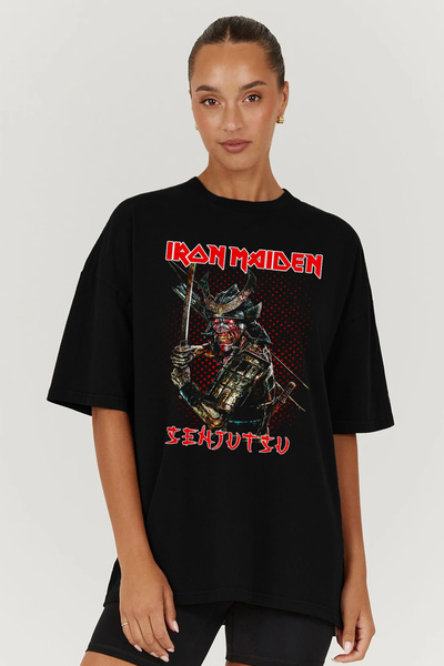 kun inaki iron maiden Senjutsu Heavy Metal Baskılı Oversize Kalıp Siyah Geniş...