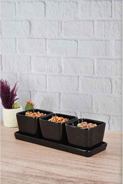 Saban Snack, Snack Bowl and Sauce Bowl Set Black Matte Tray with 3 X 300 ml B...