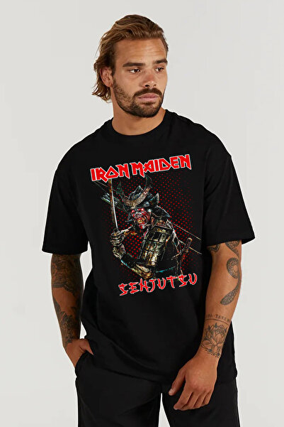 kun inaki iron Maiden Senjutsu Heavy Metal Baskılı Oversize Kalıp Siyah Geniş...