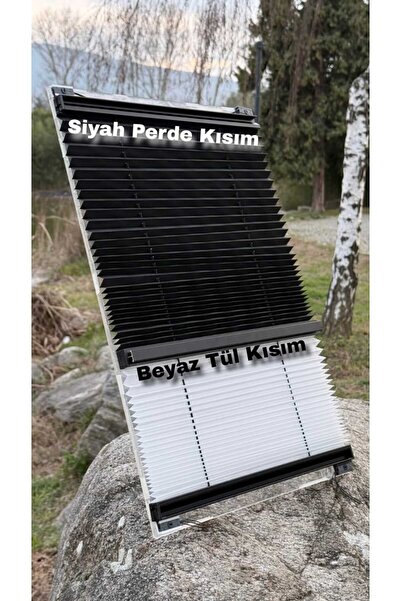 PerdoRa Home Siyah Plise Beyaz Tül Çift Sistem Perde - Gece Gündüz Kullanım P...