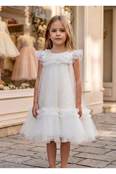 miaras baby Kız Çocuk Beyaz Çiçek Detaylı Fırfırlı Şık Elbise
