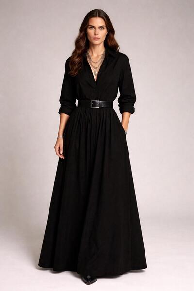 ALYEL NAKER Uzun Kollu & Maxi Boy Siyah Poplin Gömlek Elbise