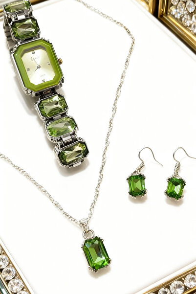 Ticen Zarif Çelik Yeşil Taşlı Takı Seti – Saat, Kolye ve Küpe Kombini