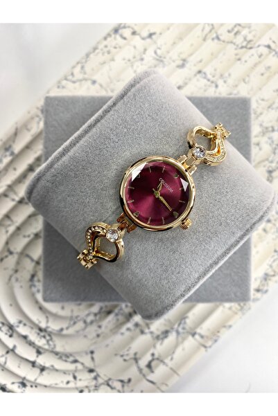 Mazzy Vintage Round Inside Burgundy Gold Women's Wristwatch