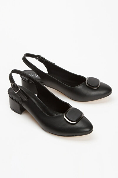 Miss Mitto كعب ستيليتو نسائي أسود - ظهر مفتوح، كعب قصير سميك، تفاصيل إبزيم ومريح