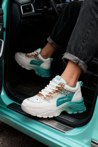 Ticen Kadın Beyaz-Turkuaz Işıltılı Chunky Sneaker – Kalın Tabanlı Glitır Deta...