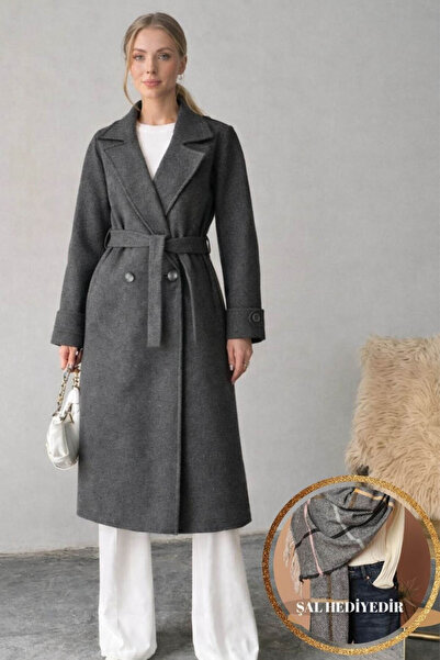 Neşeli Butik Women's Anthracite Lined Belted Cashmere Coat Nbg048
