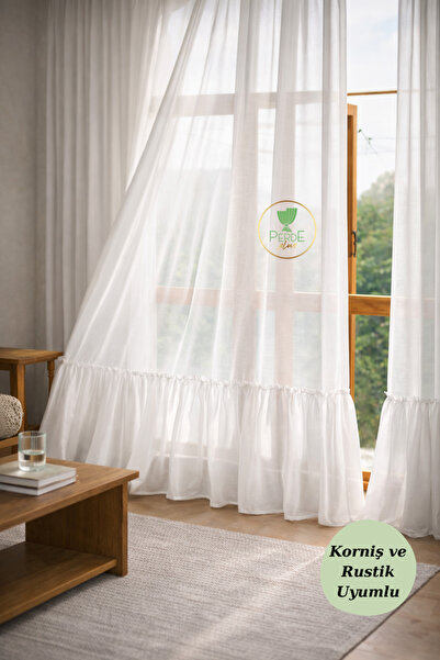 Perdeplus Λινό τούλι κουρτίνα Λευκή φούστα με βολάν