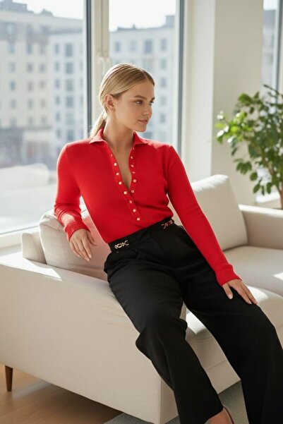 freya style Çıtçıtlı Kırmızı Triko Kazak