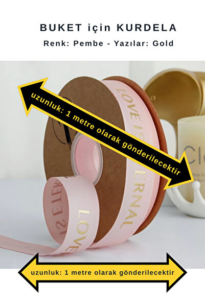 COLORPAK Çiçek Buketi için kurdele PEMBE (1 metre uzunluk) 2,5 cm en (LOVE IS...