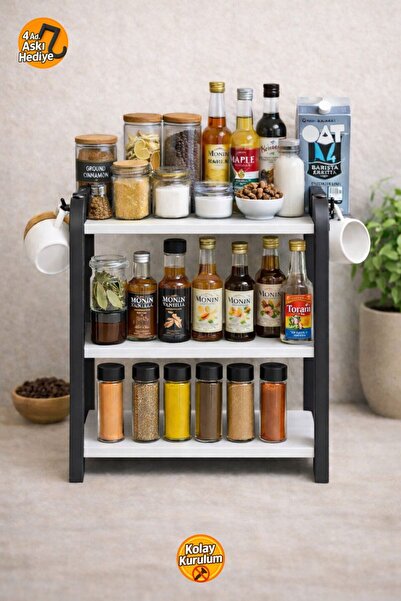 İSPA SHOP Tezgah Üstü 3 Raflı Beyaz Çok Amaçlı Ahşap Organizer Banyo Mutfak D...