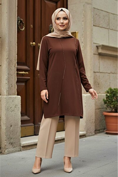 modamira Kadın Kahve Kristal Pamuk Büyük Beden Önü Nervür ve İnci detaylı Tes...