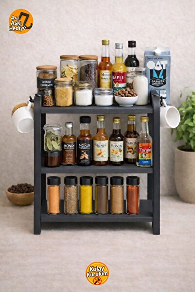 İSPA SHOP Tezgah Üstü 3 Raflı Antrasit Çok Amaçlı Ahşap Organizer Banyo Mutfa...