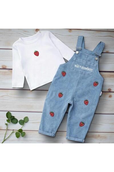 ALTINTAŞ BABY Çilek Nakış Örme Kot Kumaş Salopet ve Çilek Baskılı Tshirt 2'li...