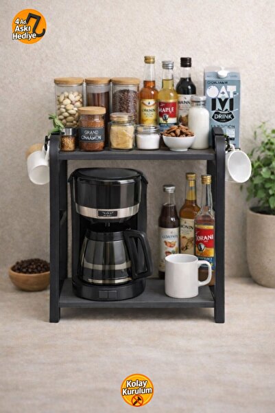 İSPA SHOP Tezgah Üstü 2 Katlı Antrasit Banko Üstü Raf Mutfak Rafı Baharatlık