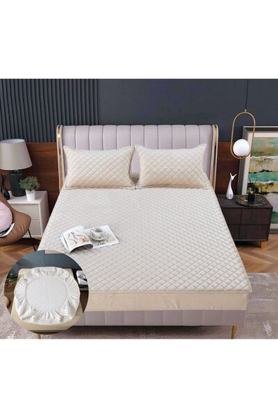 Truva Grup Husă de Pat din Catifea Tip Topper 160x200 cm + 2 Fețe de Pernă – ...