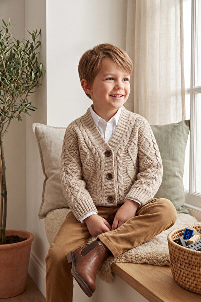 Babily سترة تريكو سميكة فاخرة للأولاد خياطة مخفية بياقة على شكل حرف V وأزرار ...