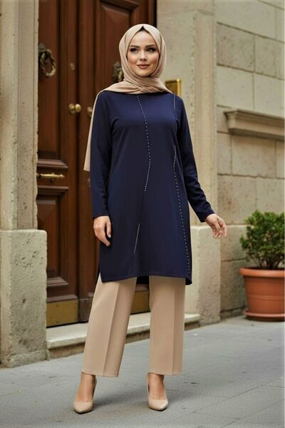 modamira Kadın Lacivert Kristal Pamuk Anne Tarz Büyük Beden Önü Nervür ve İnc...