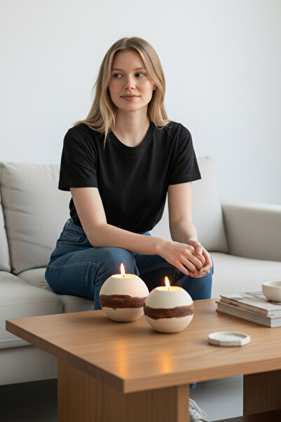 Handmade Mode | Elyapımı  LAL Beton 2'li Küre Tealight  Mumluk Set