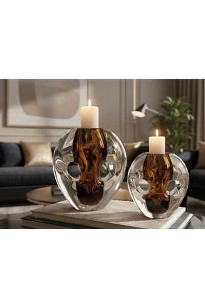 PINALE ART El Yapımı Lüks Dekoratif Cam Mumluk Şamdan Dekoratif Obje 17 cm