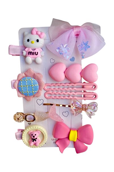 SHEKER HOME Kız Çocuk & Bebek Hello Kitty Pembe Toka Seti 10 Adet – Pens/Çıtç...