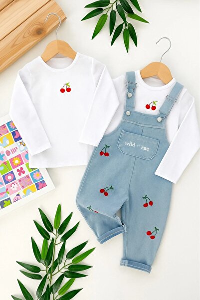 ALTINTAŞ BABY Kiraz Nakışlı Örme Kot Kumaş Salopet T-shirt Mevsimlik 2li Set