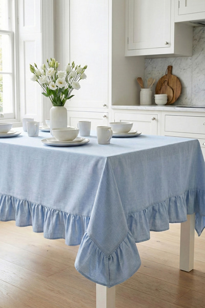 Morlay Romance |   Soft Ruffled Tablecloth - Vintage Melted Ice Blue Solid Co...