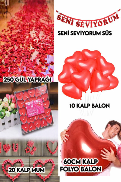 Parti dolabı Evlilik Aşk Paketi Kalp mum, gül yaprağı balon yıl dönümü teklifi