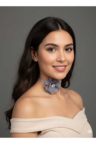 Esram Butik Choker Dantel Boyunluk Kolye El Yapımı İnci Taş Detaylı Gri