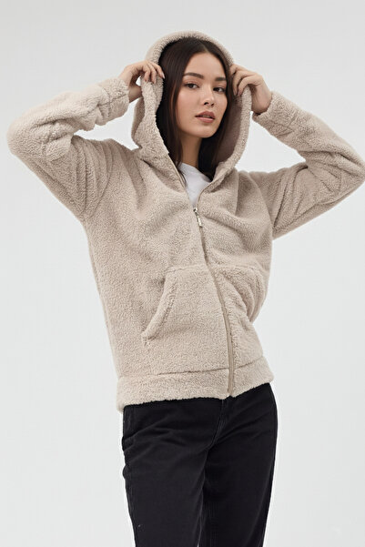 GIYOLA Women's Hooded Zippered Welsoft Soft Fabric Cream Fleece