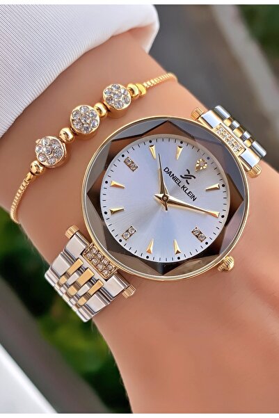 Daniel Klein لون أصفر فضي - أصلي - ساعة يد نسائية بضمان سنتين - هدية سوار