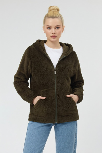 GIYOLA Women's Hooded Zippered Welsoft Soft Fabric Green Fleece