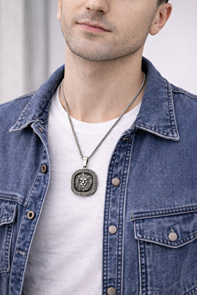 Soleildor Aslan Başı Madalyon Gümüş Erkek Kolye