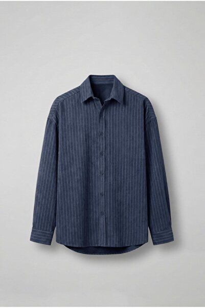 ablukaonline قميص رجالي كبير الحجم مخطط بأكمام طويلة باللون الأزرق الداكن