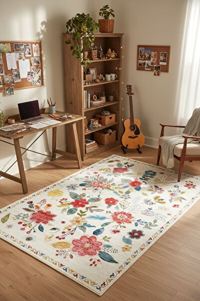 Cool Halı Daisy Beyaz Renkli Bohem Halı Makinede Yıkanabilen Çiçekli Dokuma Ş...