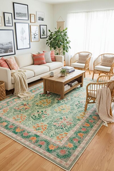 Cool Halı Daisy Su Yeşili Halı Makinede Yıkanabilir Çiçekli Dokuma Şönil Halı...